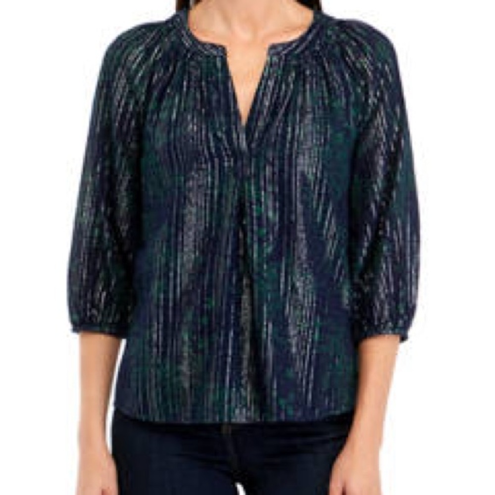 Crown & Ivy Women's Shimmer Sparkly Metallic Peasant Stripe Boho Blouse PXL
